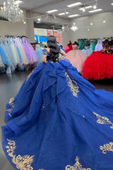 Royal Blue Sparkly Off-the-Shoulder Princess Quinceanera Dress with Sequins and Tulle Train