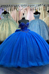 Royal Blue Sparkle Princess Off-Shoulder Beaded Tulle Quinceanera Dress with Bow