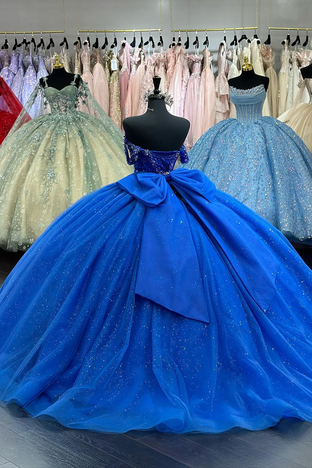 Royal Blue Sparkle Princess Off-Shoulder Beaded Tulle Quinceanera Dress with Bow