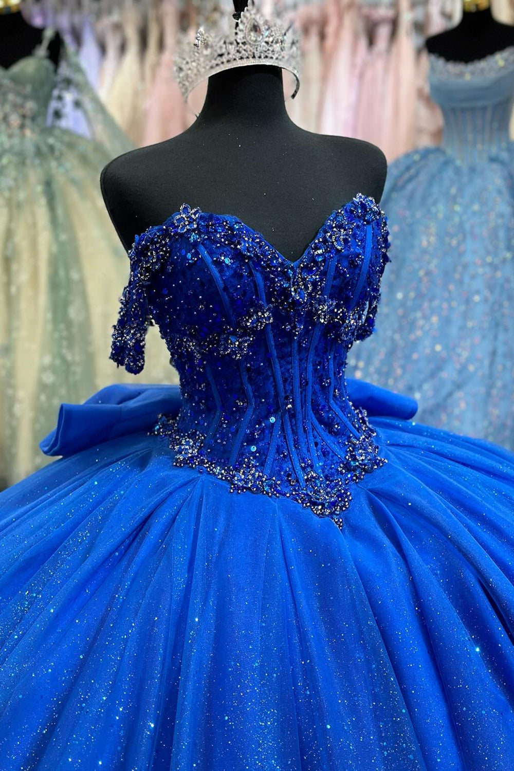 Royal Blue Sparkle Princess Off-Shoulder Beaded Tulle Quinceanera Dress with Bow