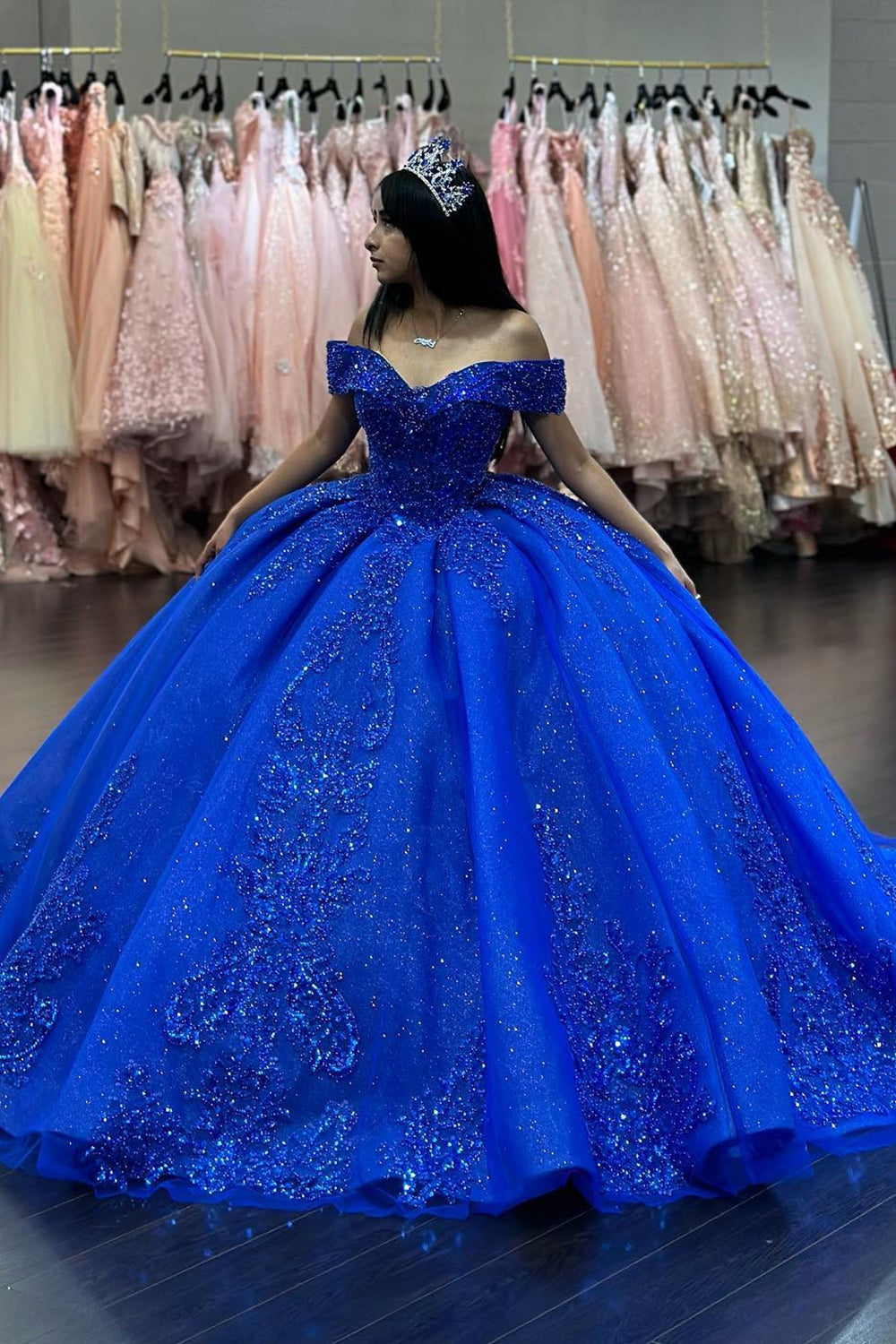 Royal Blue Sparkly Off-Shoulder Tulle Quinceanera Ball Gown