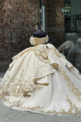 Off the Shoulder Sparkly Apricot Ball Gown with Bow and Tulle Applique for Quinceanera