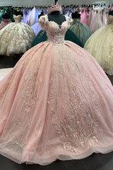 Princess Tulle Quinceanera Dress with Sparkly Blush Beaded Applique and Square Neck Train