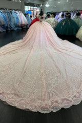 Princess Tulle Quinceanera Dress with Sparkly Blush Beaded Applique and Square Neck Train