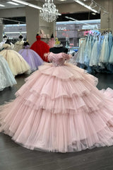 Pleated Off-the-Shoulder Princess Tulle Quinceanera Dress in Blush with Sequins