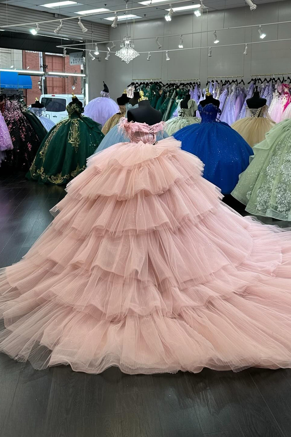 Pleated Off-the-Shoulder Princess Tulle Quinceanera Dress in Blush with Sequins