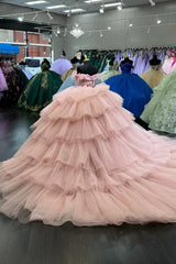 Pleated Off-the-Shoulder Princess Tulle Quinceanera Dress in Blush with Sequins