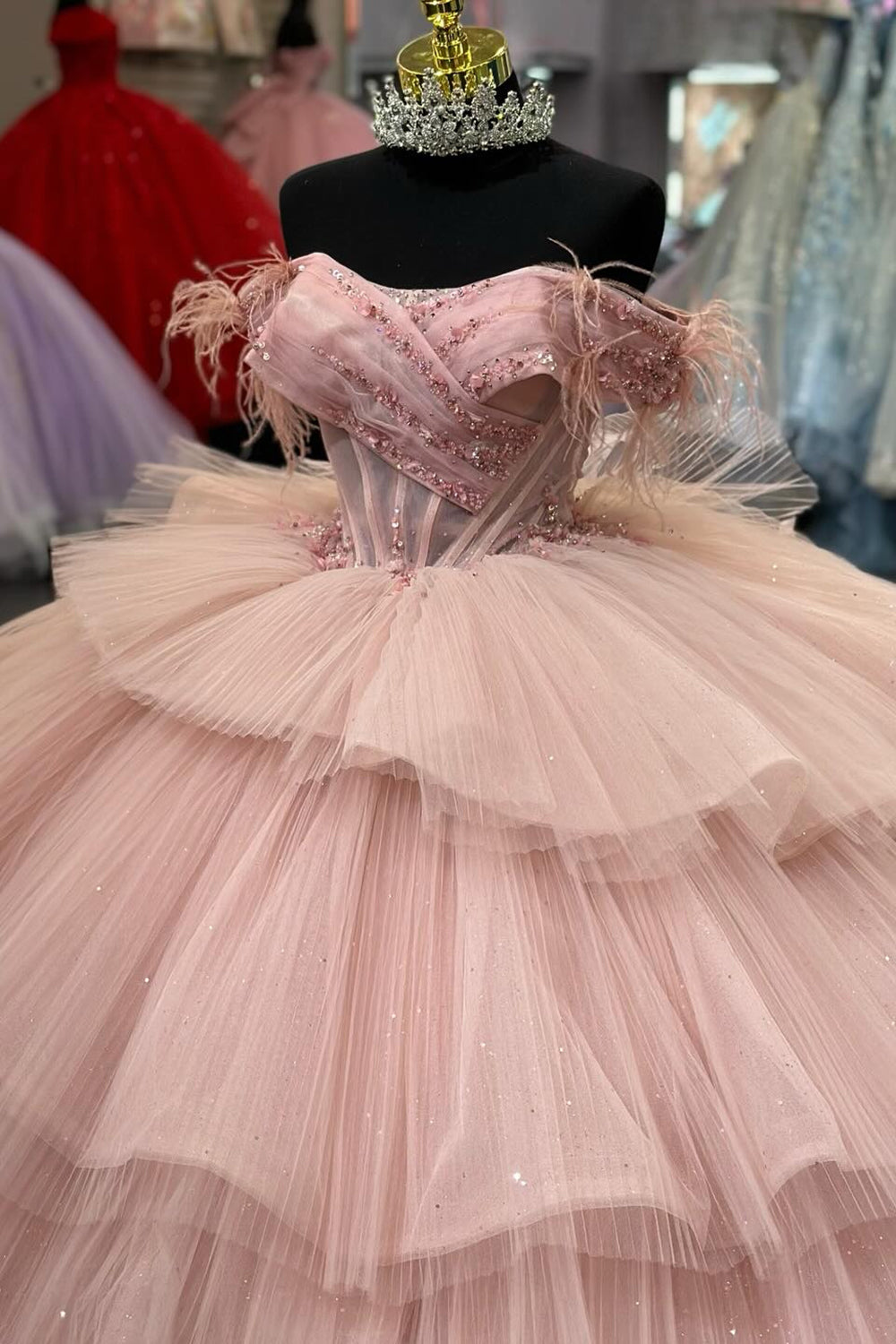 Pleated Off-the-Shoulder Princess Tulle Quinceanera Dress in Blush with Sequins