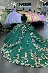 Dark Green Sparkly Sweetheart Tulle Quinceanera Ball Gown with Train Applique