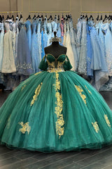 Dark Green Sparkly Off-the-Shoulder Tulle Quinceanera Dress with Applique