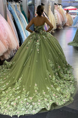 Long Tulle Quinceanera Dress with Sparkly Green Sweetheart Applique and Train