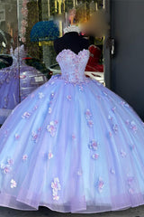 Sweetheart Ball Gown in Sparkly Blue Lilac Floral Tulle with Long Sleeves for Quinceanera
