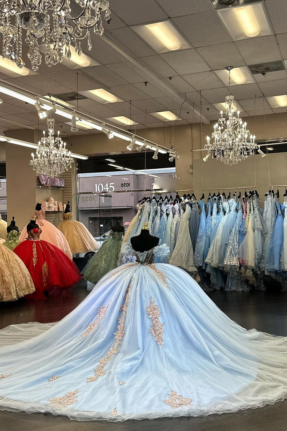 Light Blue Sparkly Floral Princess Tulle Quinceanera Dress with Off-the-Shoulder Applique