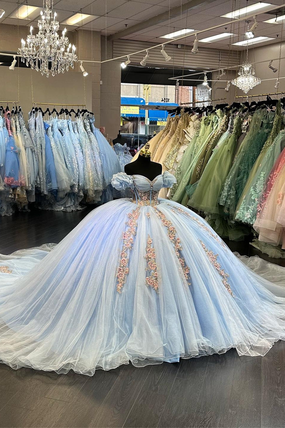 Light Blue Sparkly Floral Princess Tulle Quinceanera Dress with Off-the-Shoulder Applique