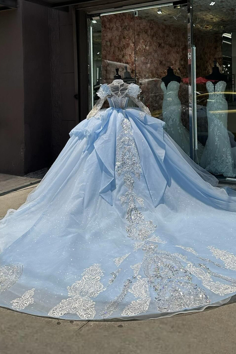 Princess Quinceanera Dress in Light Blue with Sparkly Beaded Applique, High Neck, and Long Sleeves
