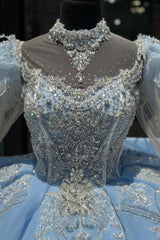 Princess Quinceanera Dress in Light Blue with Sparkly Beaded Applique, High Neck, and Long Sleeves