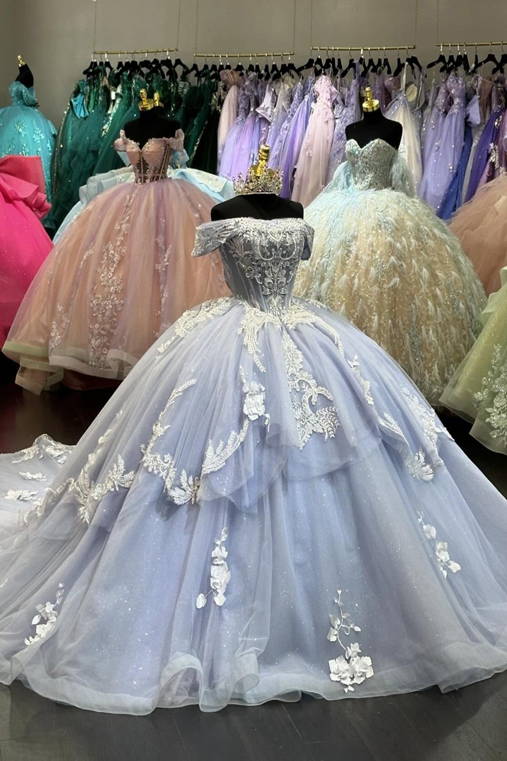 Off-the-Shoulder Princess Tulle Quinceanera Dress in Grey Blue with Applique and Train