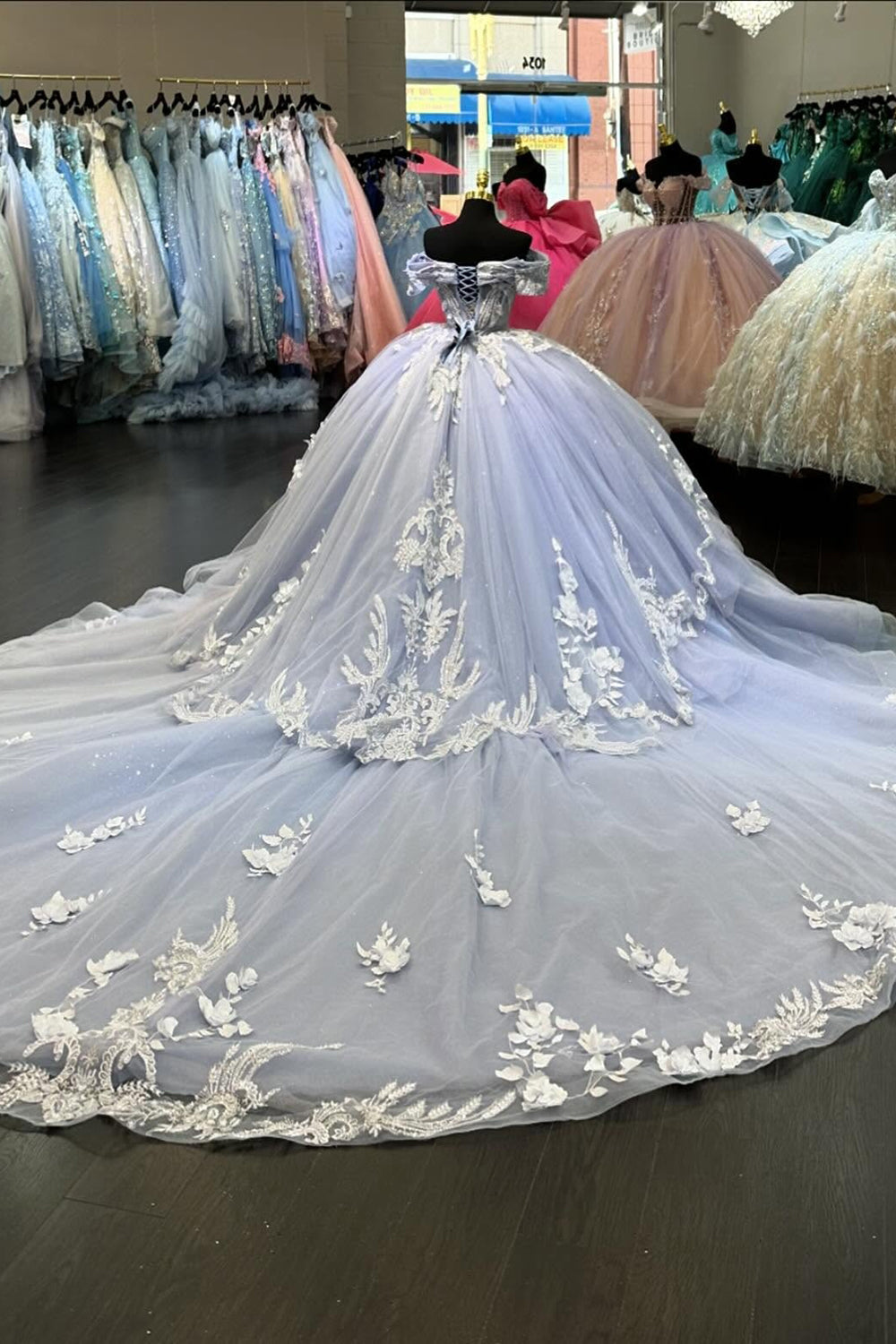 Off-the-Shoulder Princess Tulle Quinceanera Dress in Grey Blue with Applique and Train