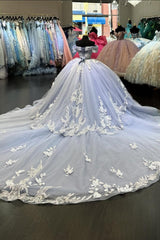 Off-the-Shoulder Princess Tulle Quinceanera Dress in Grey Blue with Applique and Train