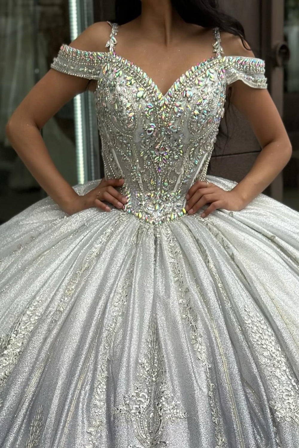 Princess Quinceanera Dress with Sparkly Silver Cold Shoulder and Beaded Applique on Tulle