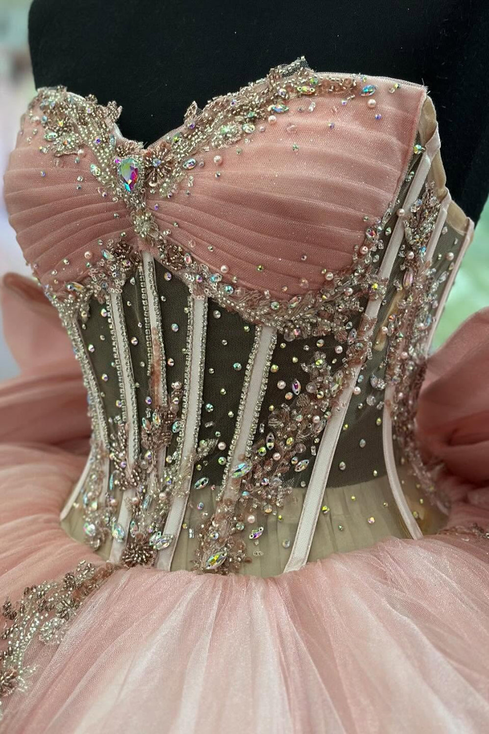 Sweetheart Ball Gown with Blush Beaded Applique Bow and Tulle Train for Quinceanera