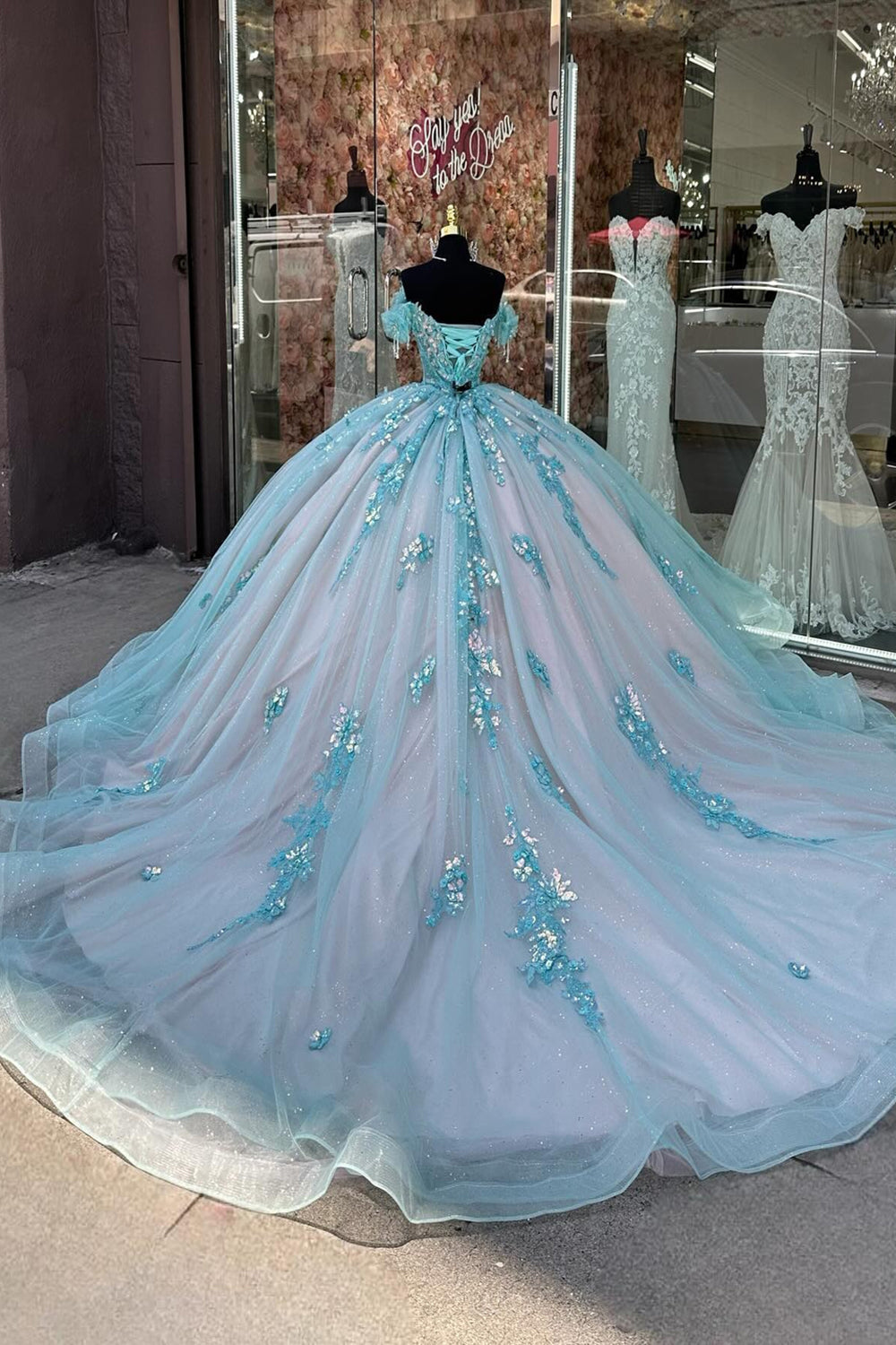 Green and Pink Sparkling Off-Shoulder Princess Tulle Dress with Sequin Applique and Train for Quinceanera