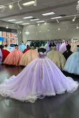 Off the Shoulder Lilac Tulle Ball Gown with Applique for Quinceanera