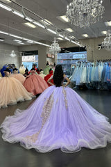 Off the Shoulder Lilac Tulle Ball Gown with Applique for Quinceanera