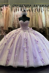Lilac Floral Sparkly Princess Quinceanera Dress with Sweetheart Neckline and Long Sleeves in Tulle and Sequin