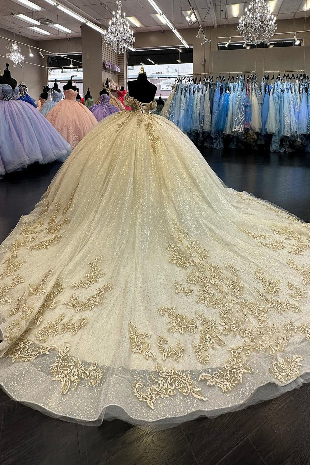 Princess Quinceanera Dress in Sparkly Yellow with Off-Shoulder Beaded Tulle and Sequins