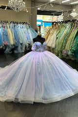 Princess Quinceanera Dress in Blue Lilac with Off-Shoulder Applique and Tulle Train