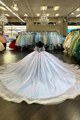 Princess Quinceanera Dress in Blue Lilac with Off-Shoulder Applique and Tulle Train