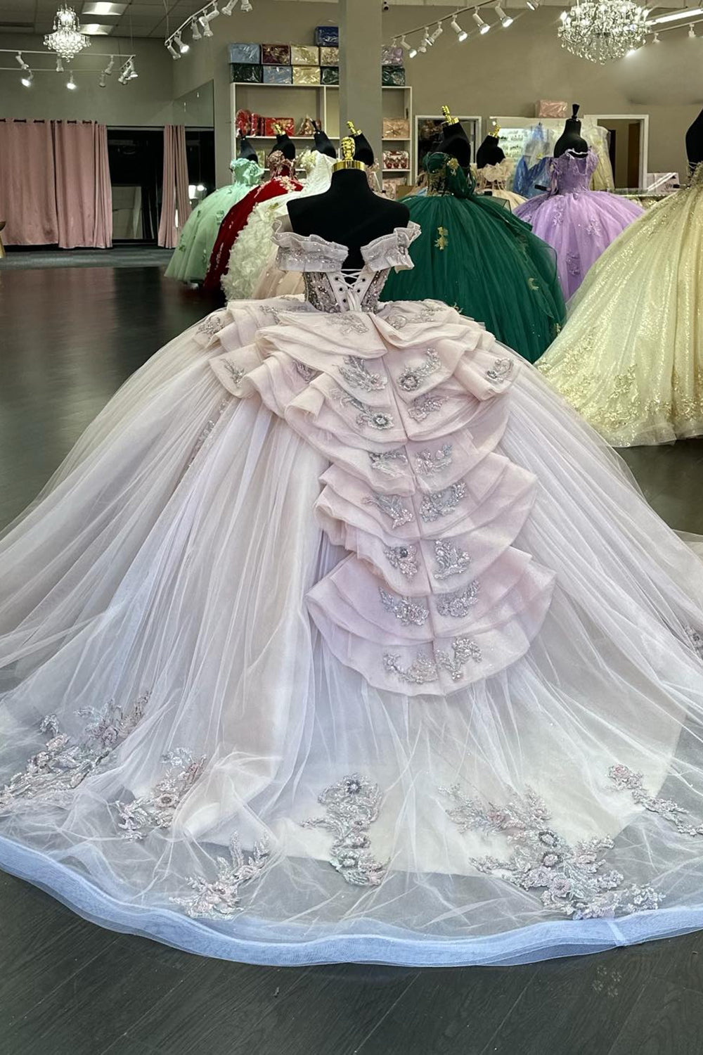 Princess Quinceanera Dress in Blue with Off-the-Shoulder Beaded Applique and Tulle