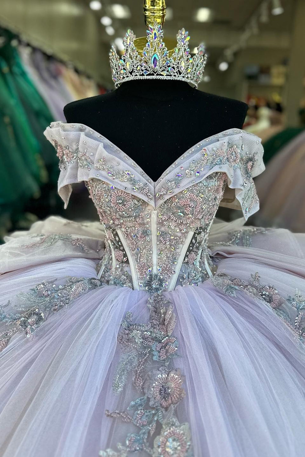Princess Quinceanera Dress in Blue with Off-the-Shoulder Beaded Applique and Tulle