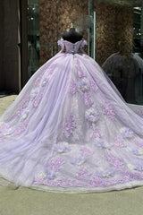 Sweetheart Lilac Ball Gown with Beaded Applique and Long Sleeves in Tulle for Quinceanera