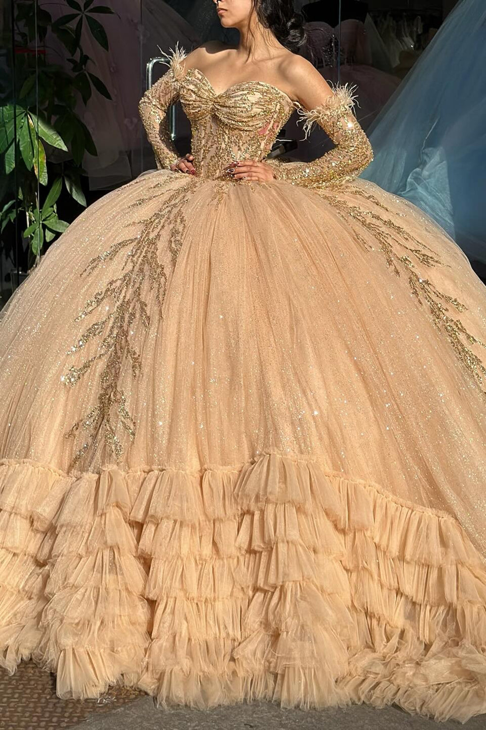 Champagne Sparkle Off-the-Shoulder Princess Quinceanera Dress with Sequin Applique and Tulle Train