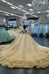 Champagne Sparkle Off-the-Shoulder Princess Quinceanera Dress with Sequin Applique and Tulle Train