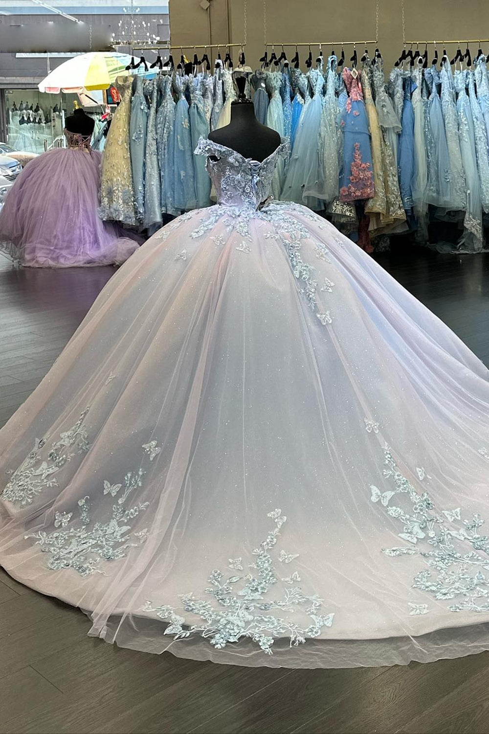Princess Quinceanera Dress in Blue Lilac with Off-Shoulder Applique and Tulle