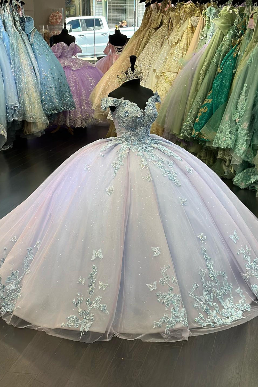 Princess Quinceanera Dress in Blue Lilac with Off-Shoulder Applique and Tulle
