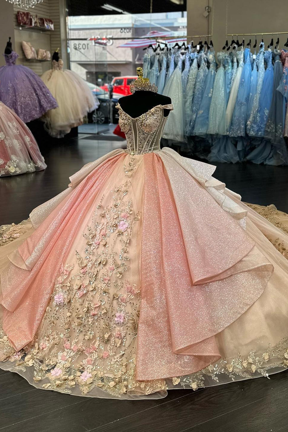 Pink Sparkle Golden Off-Shoulder Princess Tulle Quinceanera Dress with Sequin Applique