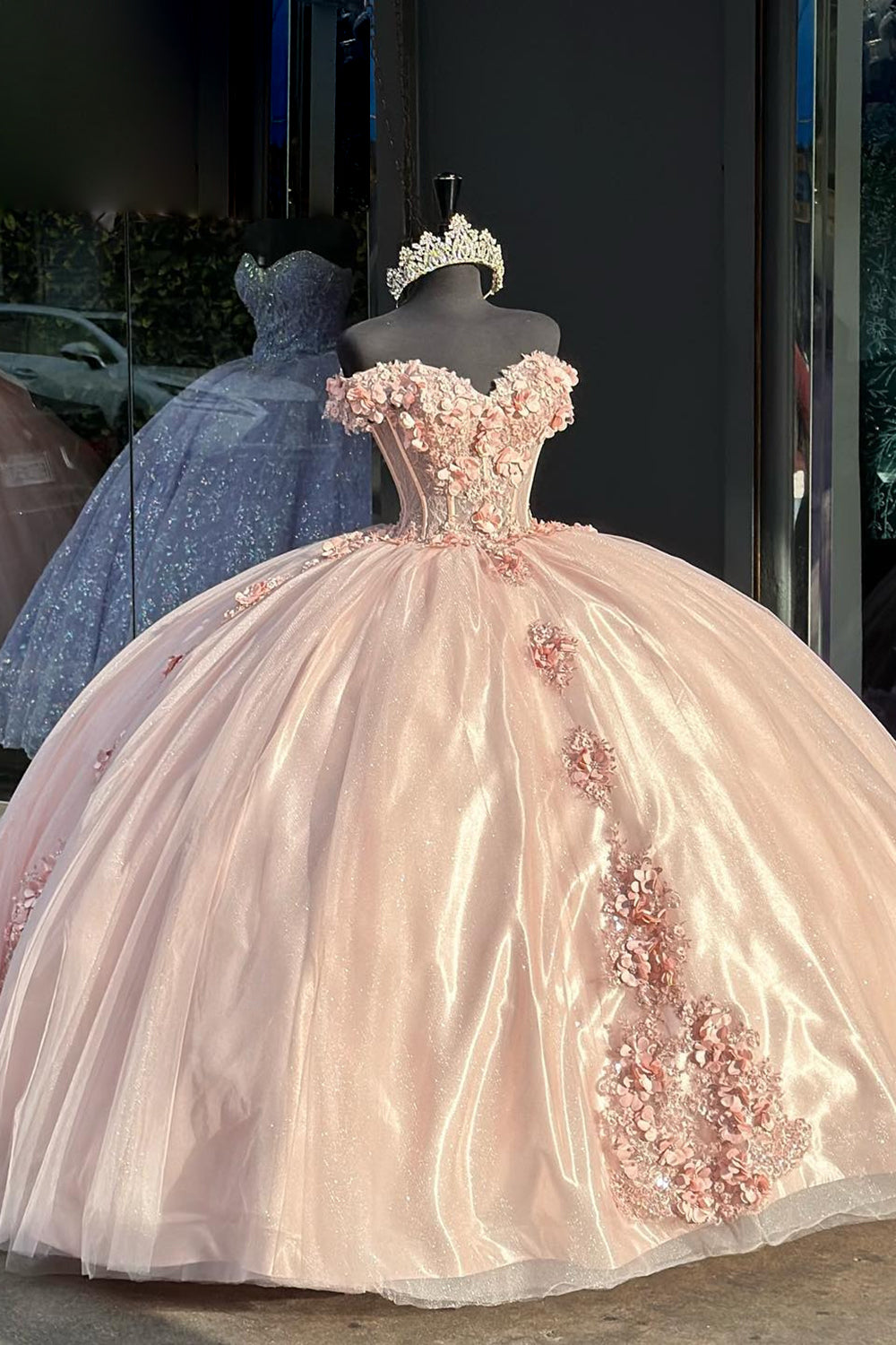 Sequined Blush Floral Off-Shoulder Ball Gown with Tulle Applique for Quinceanera