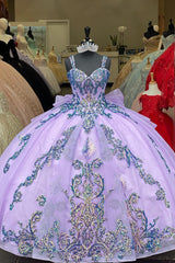 Princess Quinceanera Dress in Purple with Sequin Applique, Spaghetti Straps, and Long Sleeves