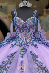 Princess Quinceanera Dress in Purple with Sequin Applique, Spaghetti Straps, and Long Sleeves