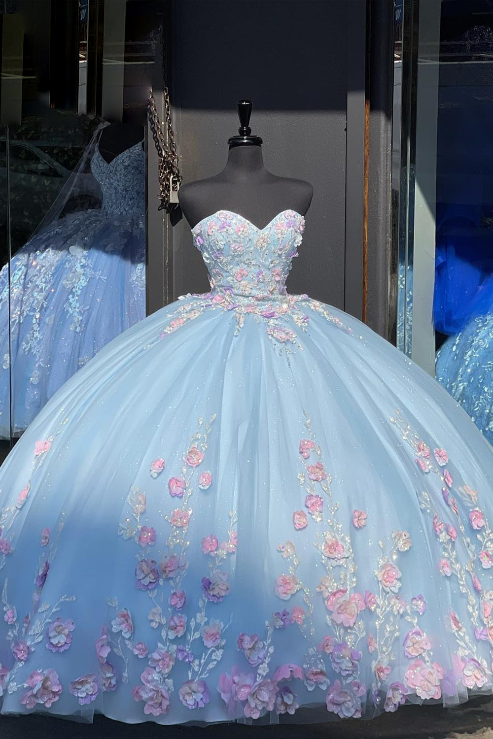 Sweetheart Princess Quinceanera Dress in Sparkly Blue Lilac with Pink Floral Sequin Tulle