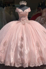 Off the Shoulder Sparkly Blush Ball Gown with Applique and Tulle for Quinceanera
