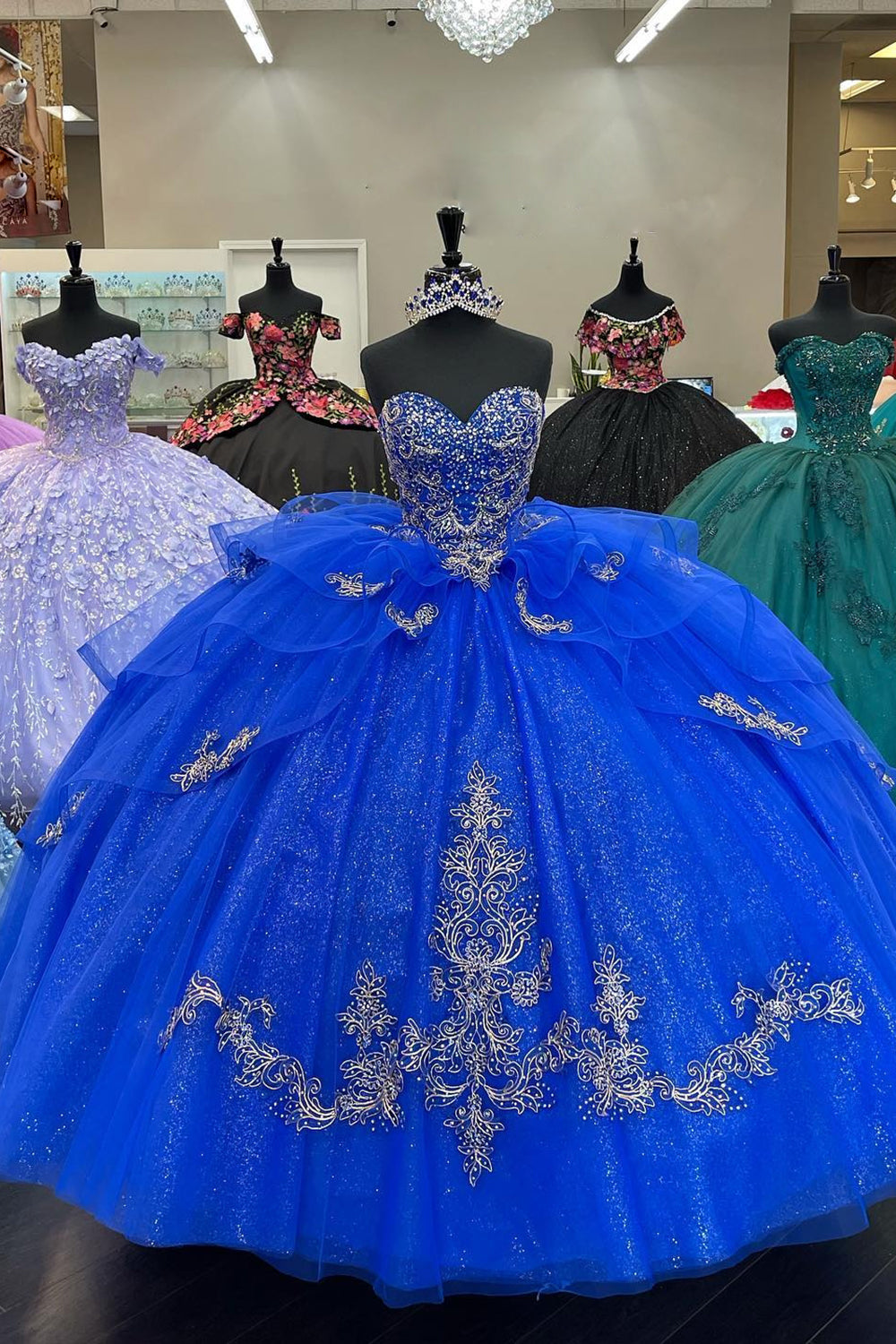 Royal Blue Sparkle Sweetheart Ball Gown with Applique Tulle Quinceanera Dress