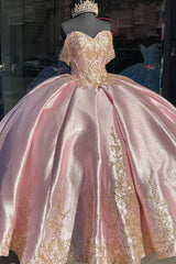 Off the Shoulder Sparkly Blush Ball Gown with Applique in Satin for Quinceanera