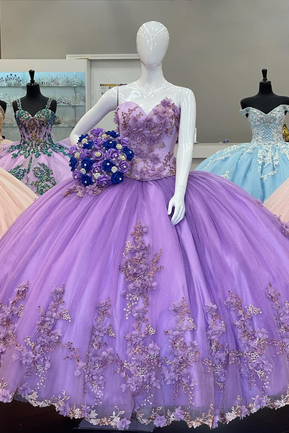 Sweetheart Princess Dress with Purple Floral Applique and Tulle