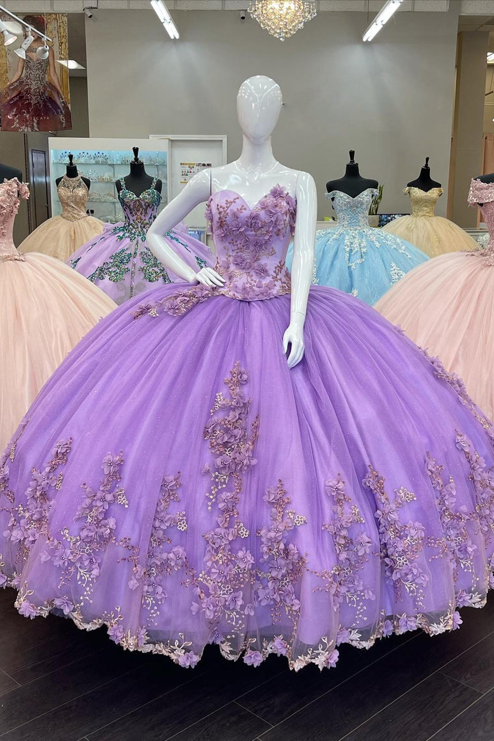 Sweetheart Princess Dress with Purple Floral Applique and Tulle