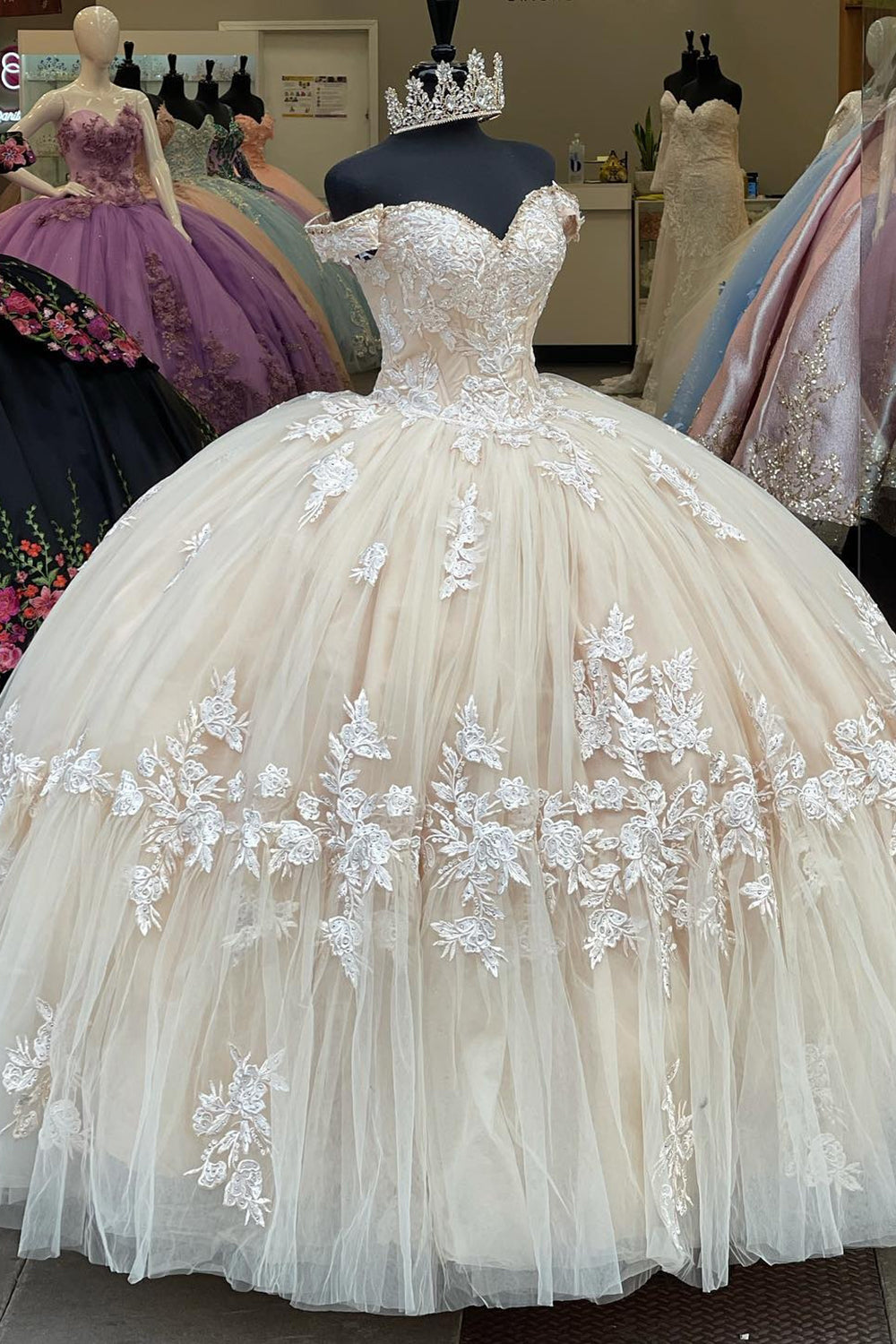 Off-the-Shoulder Tulle Quinceanera Dress with Apricot Applique